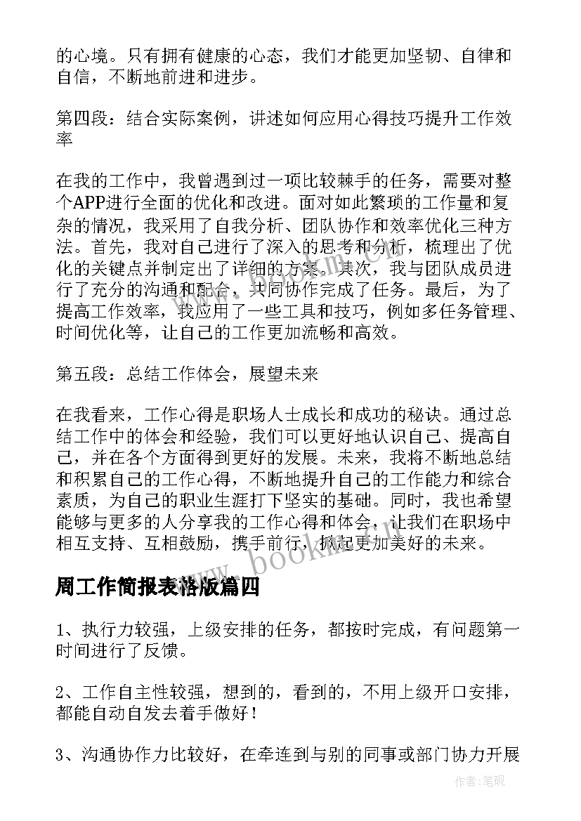 最新周工作简报表格版 工作心得体会感悟(精选6篇)