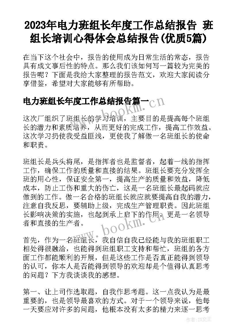 2023年电力班组长年度工作总结报告 班组长培训心得体会总结报告(优质5篇)