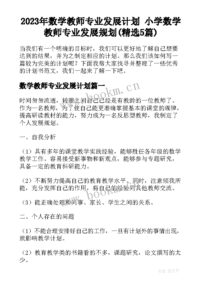 2023年数学教师专业发展计划 小学数学教师专业发展规划(精选5篇)