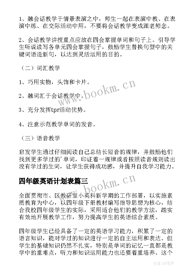 最新四年级英语计划表(精选5篇)