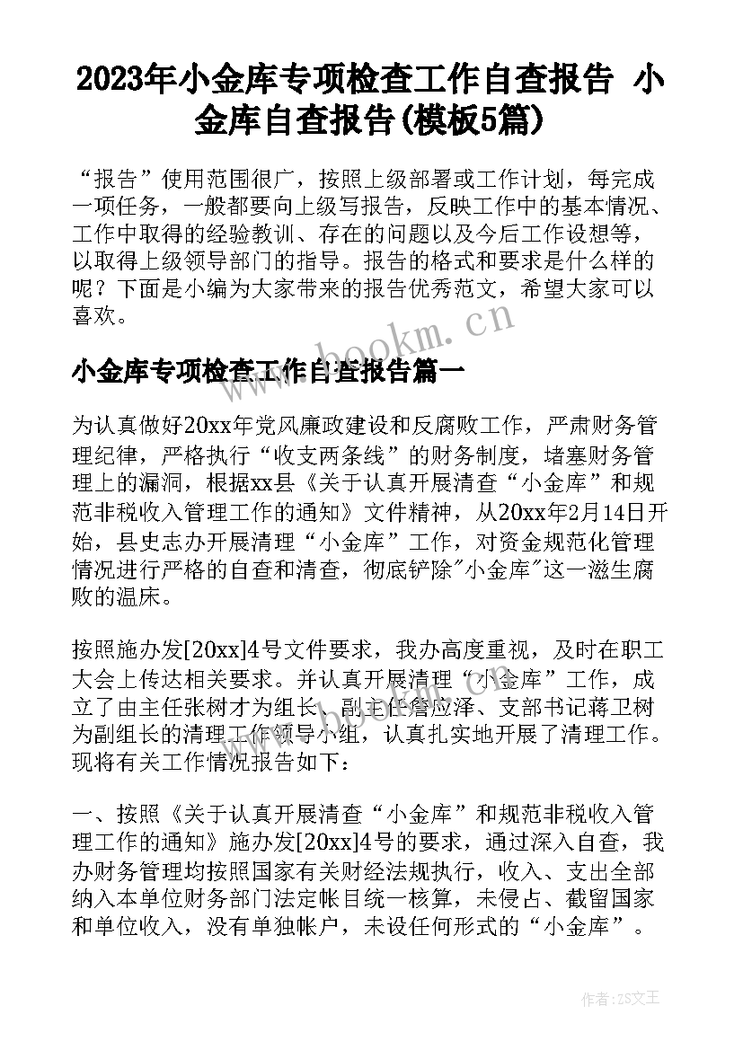 2023年小金库专项检查工作自查报告 小金库自查报告(模板5篇)