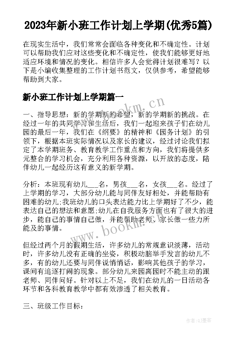 2023年新小班工作计划上学期(优秀5篇)