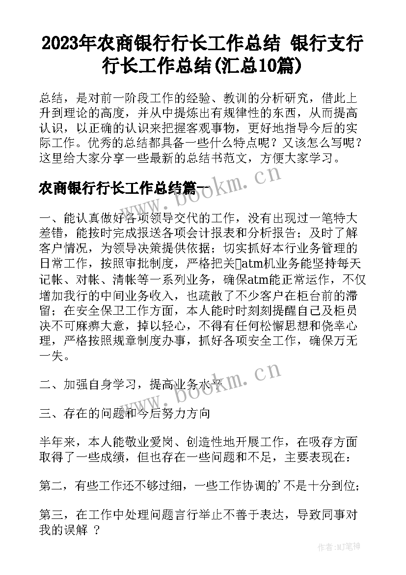 2023年农商银行行长工作总结 银行支行行长工作总结(汇总10篇)