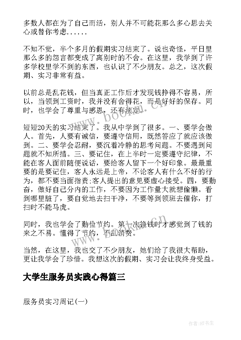 2023年大学生服务员实践心得 大学生服务员实习报告(模板8篇)