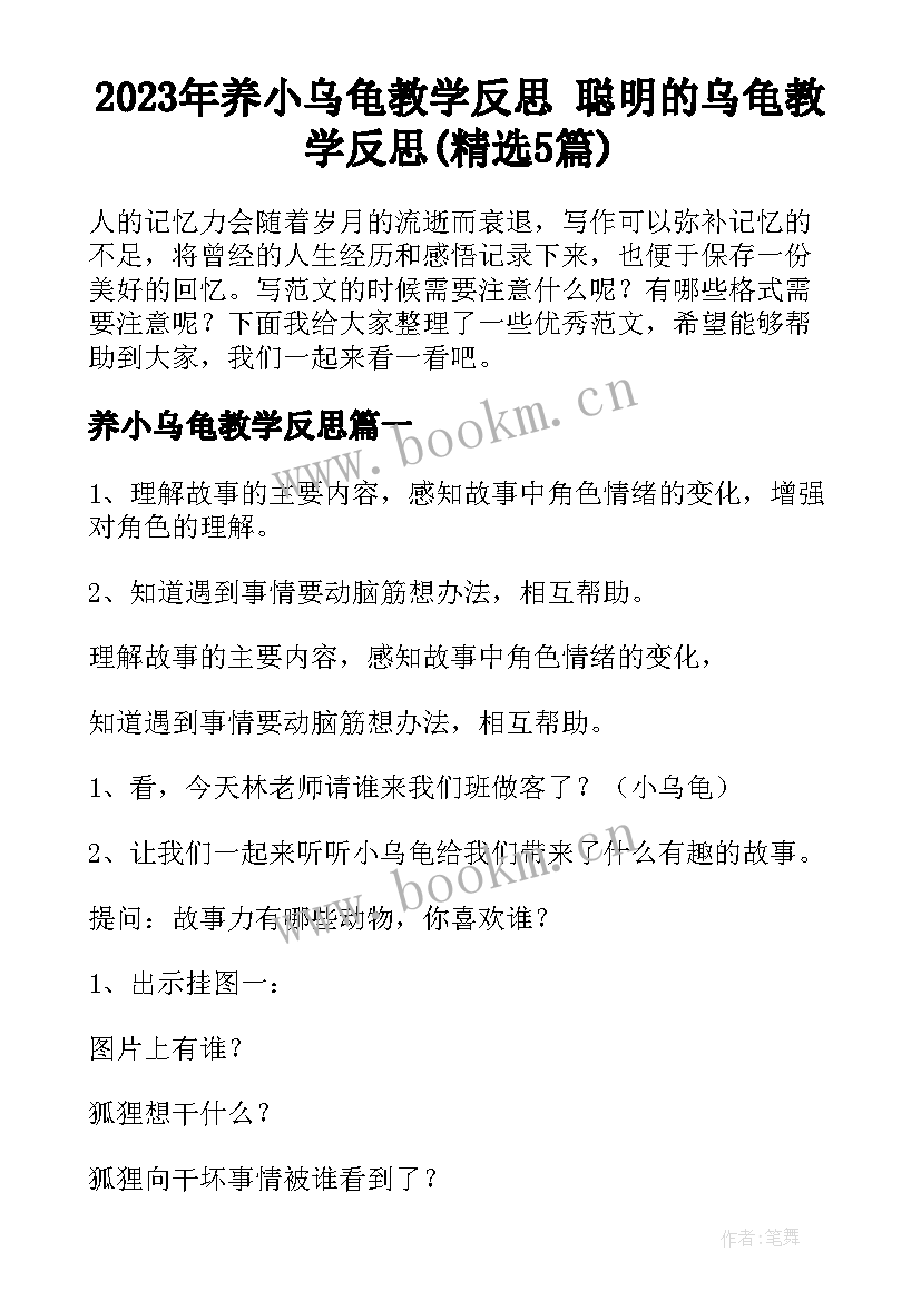 2023年养小乌龟教学反思 聪明的乌龟教学反思(精选5篇)