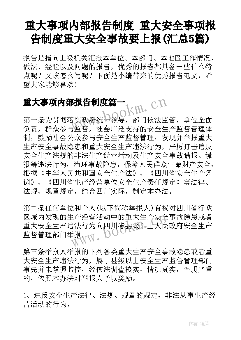 重大事项内部报告制度 重大安全事项报告制度重大安全事故要上报(汇总5篇)