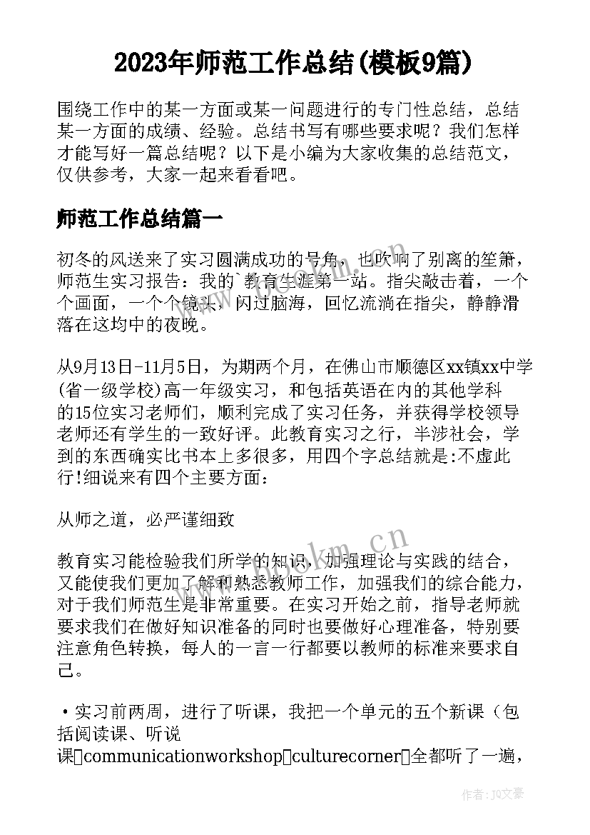 2023年师范工作总结(模板9篇)