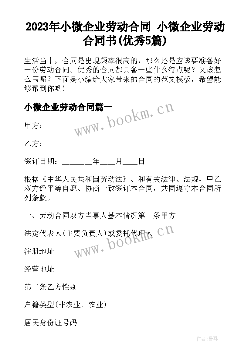 2023年小微企业劳动合同 小微企业劳动合同书(优秀5篇)