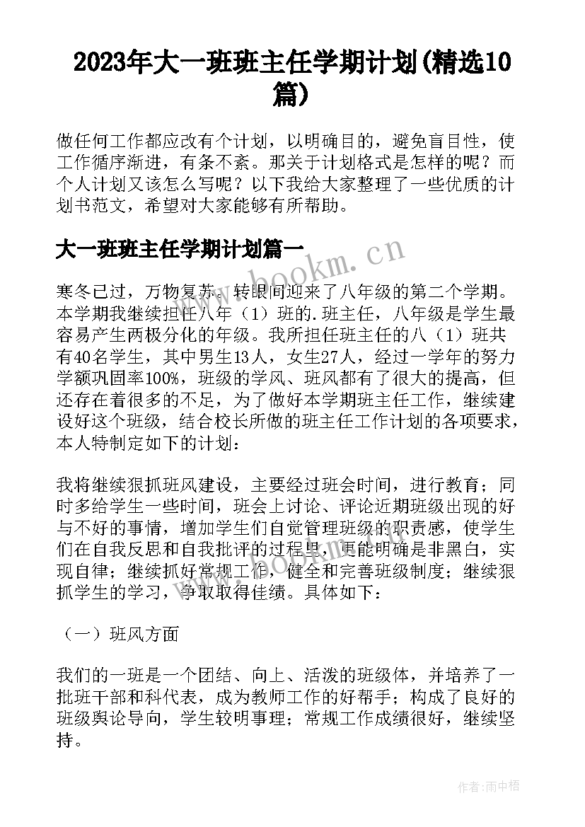 2023年大一班班主任学期计划(精选10篇)