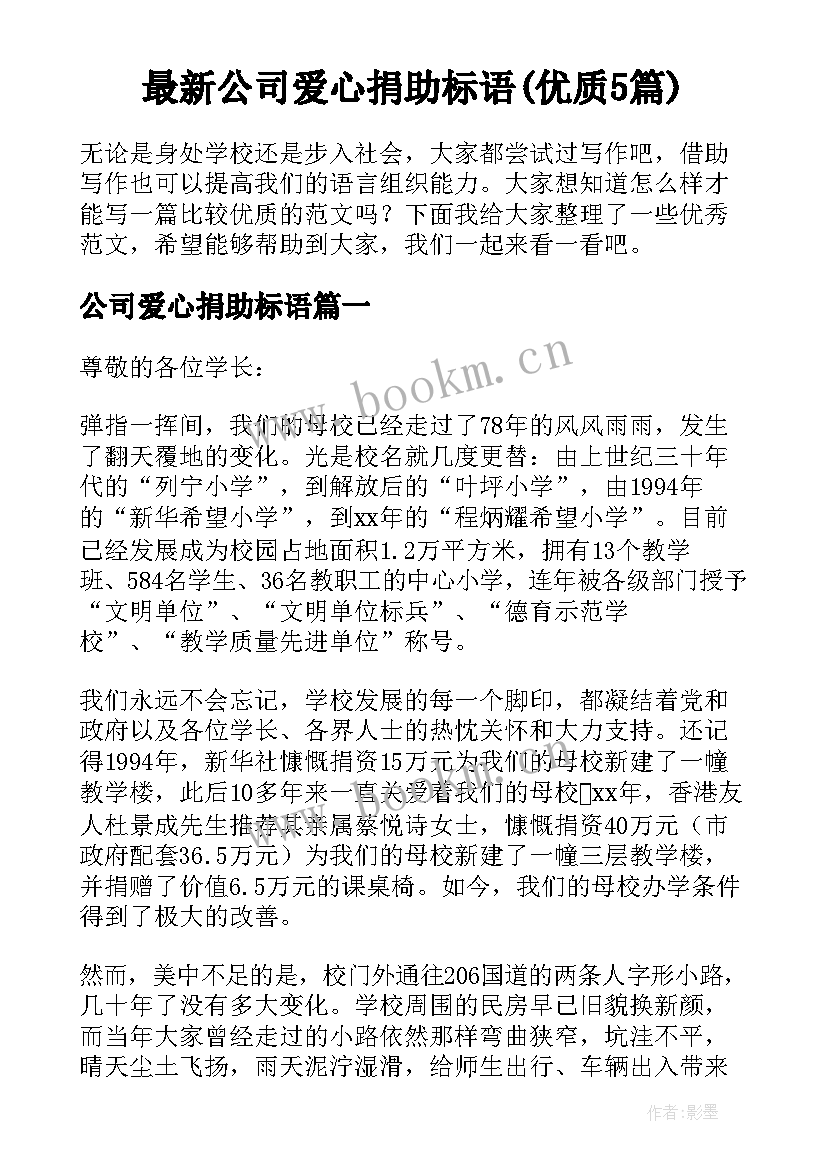 最新公司爱心捐助标语(优质5篇)