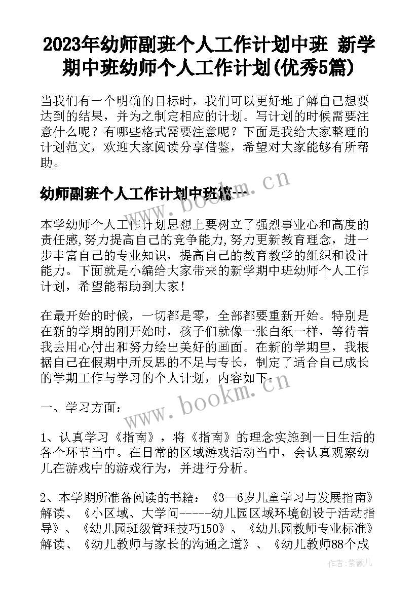 2023年幼师副班个人工作计划中班 新学期中班幼师个人工作计划(优秀5篇)