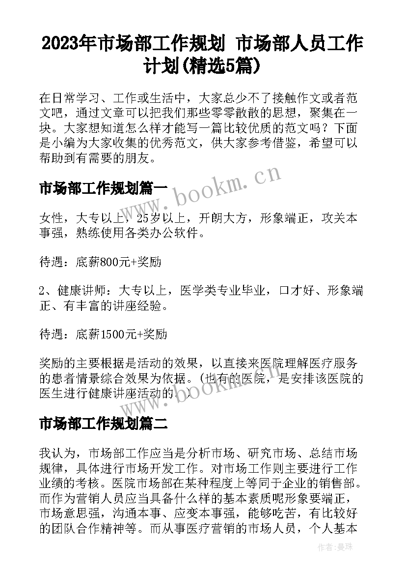 2023年市场部工作规划 市场部人员工作计划(精选5篇)