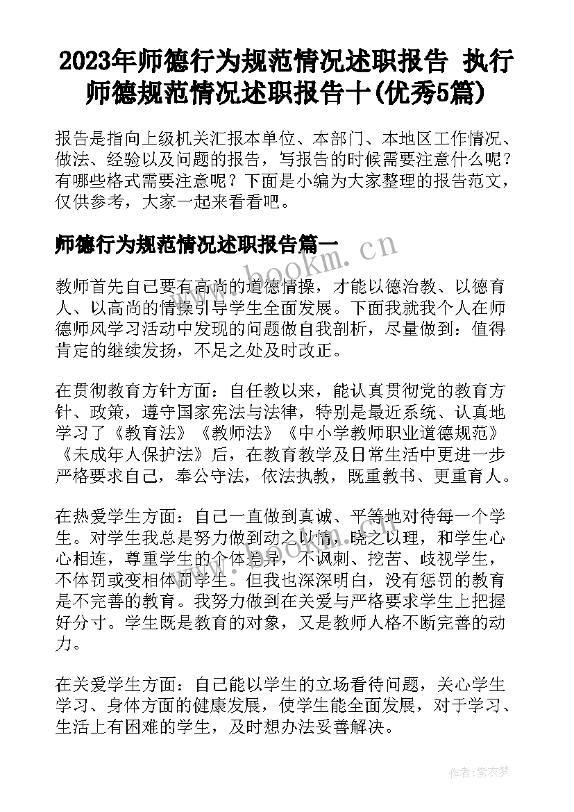 2023年师德行为规范情况述职报告 执行师德规范情况述职报告十(优秀5篇)