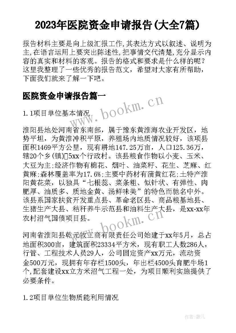 2023年医院资金申请报告(大全7篇)