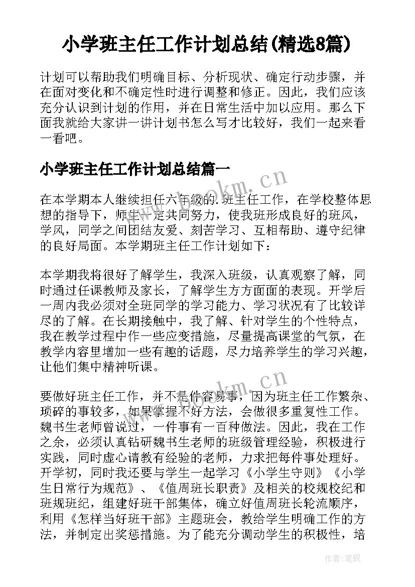 小学班主任工作计划总结(精选8篇)