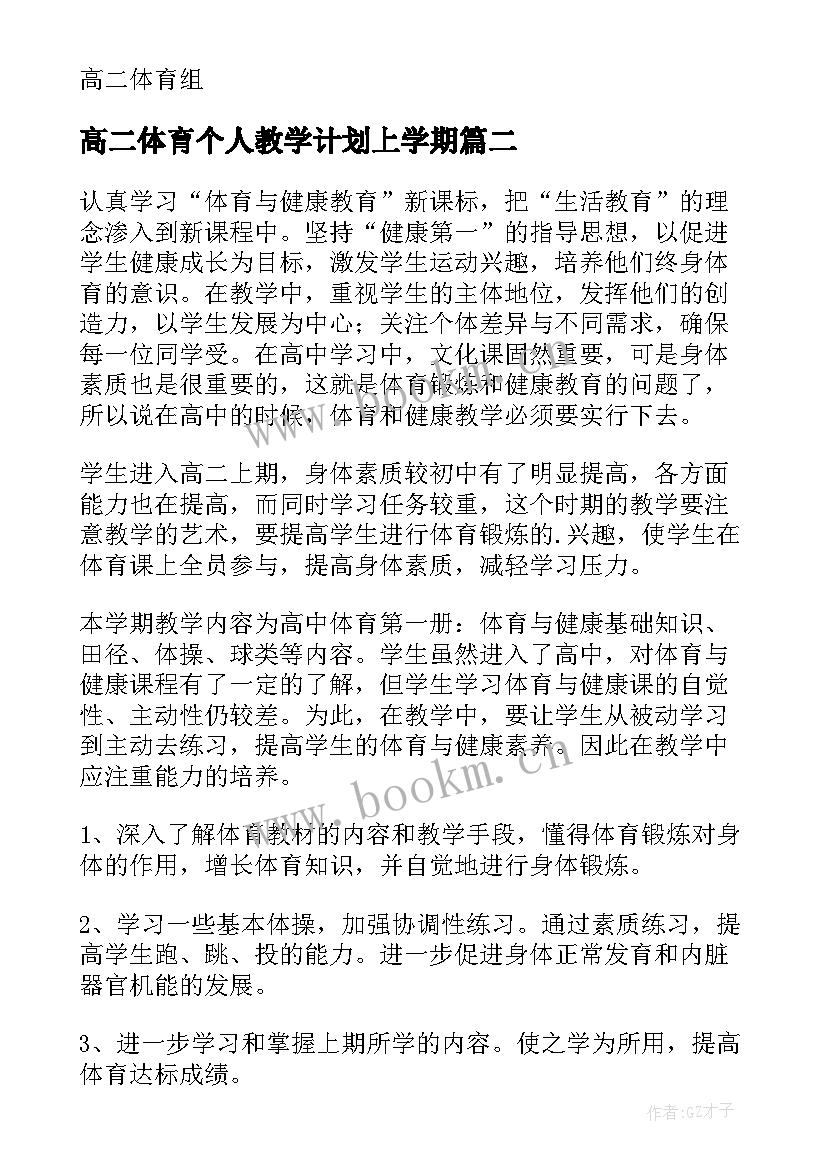 2023年高二体育个人教学计划上学期 高二年级体育教学计划(实用5篇)