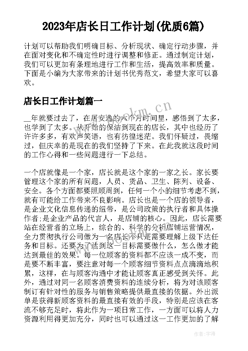 2023年店长日工作计划(优质6篇)