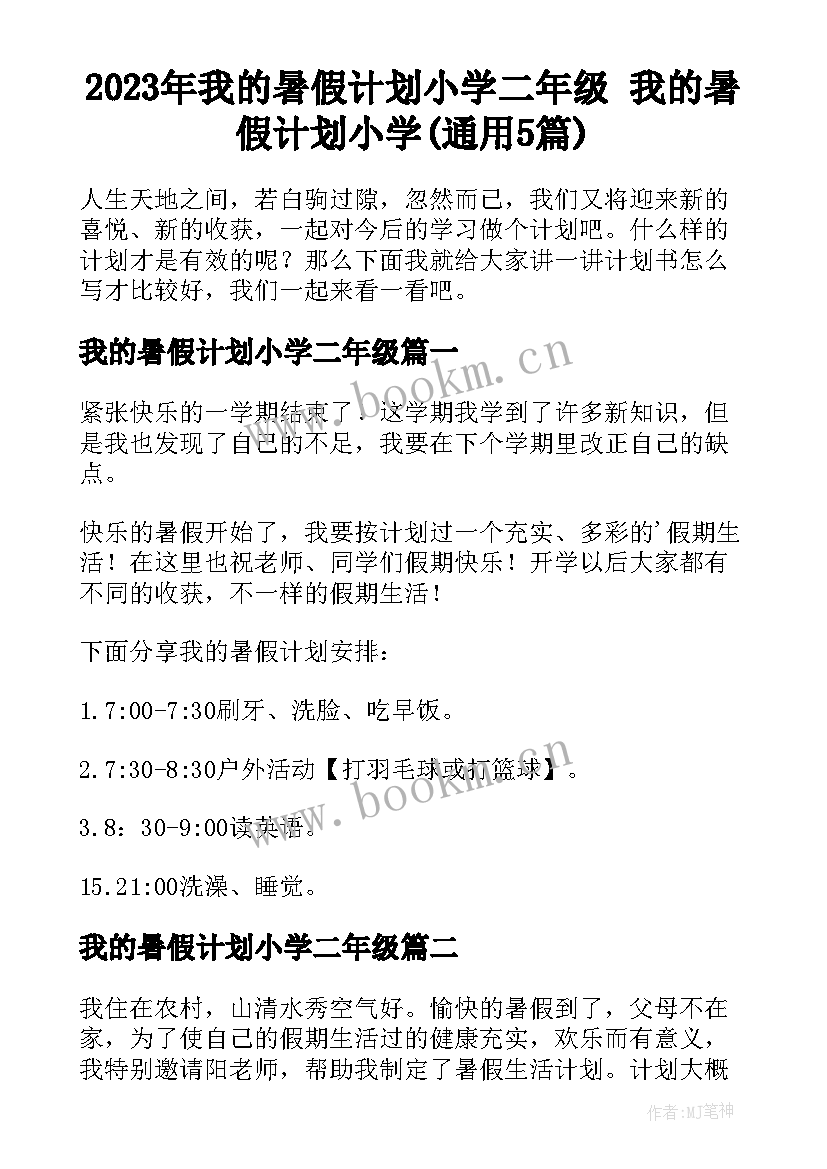 2023年我的暑假计划小学二年级 我的暑假计划小学(通用5篇)