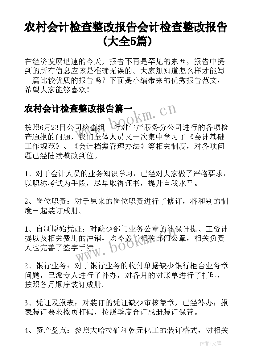 农村会计检查整改报告 会计检查整改报告(大全5篇)