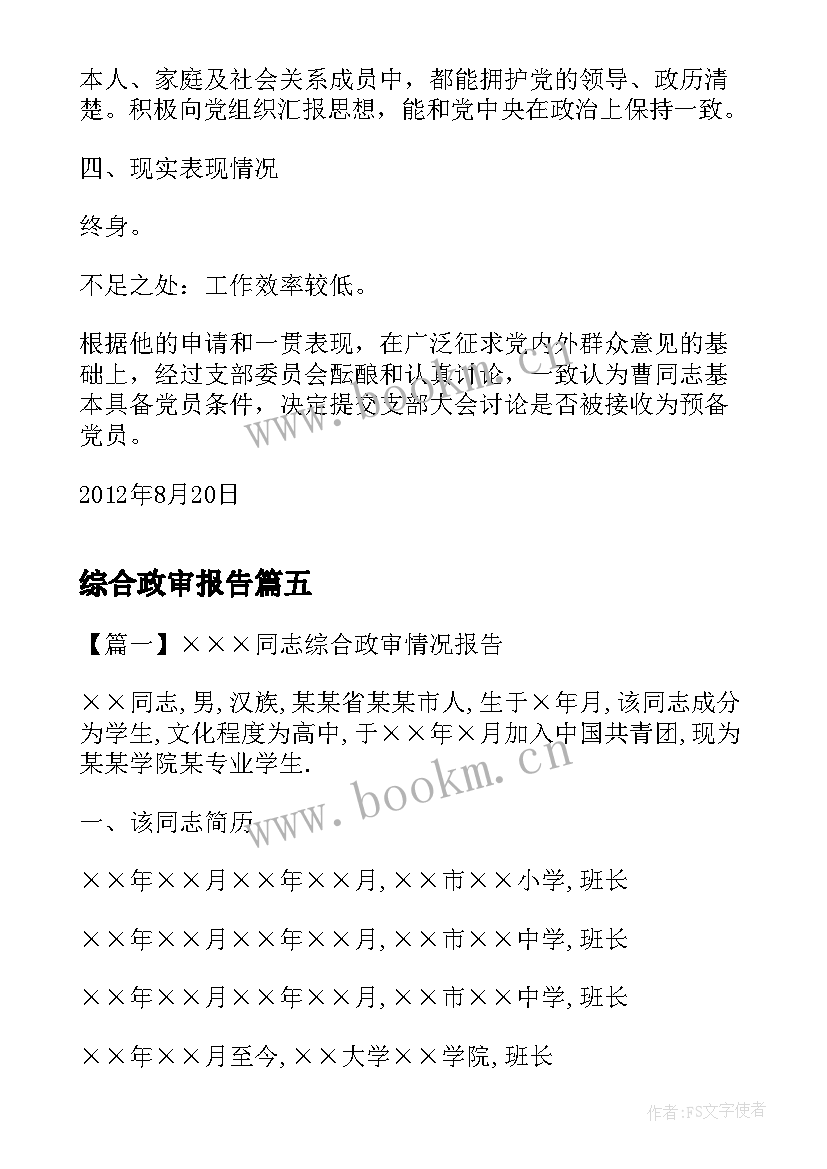 综合政审报告 综合性政审报告集合(实用5篇)