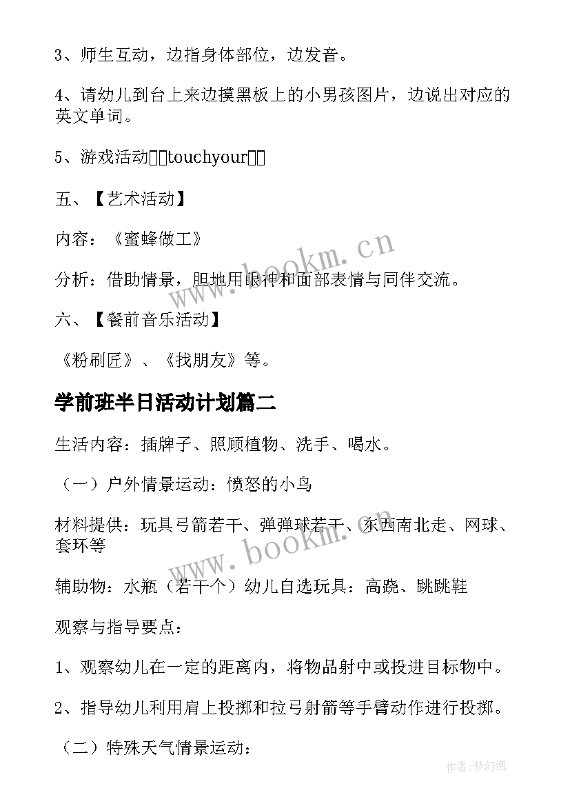 2023年学前班半日活动计划(精选5篇)