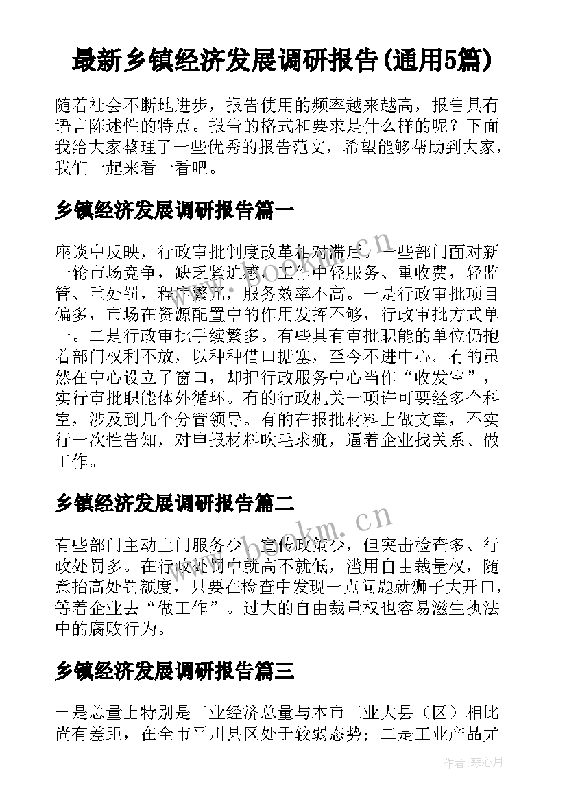 最新乡镇经济发展调研报告(通用5篇)