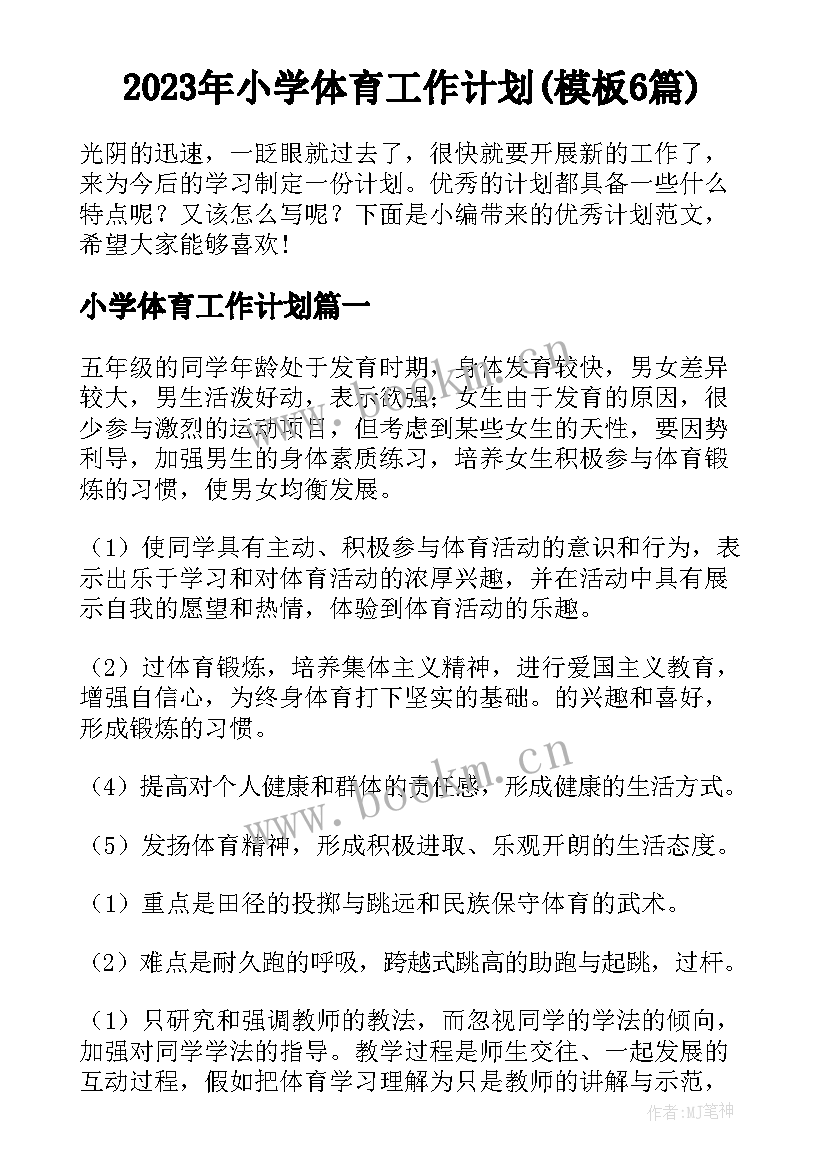 2023年小学体育工作计划(模板6篇)