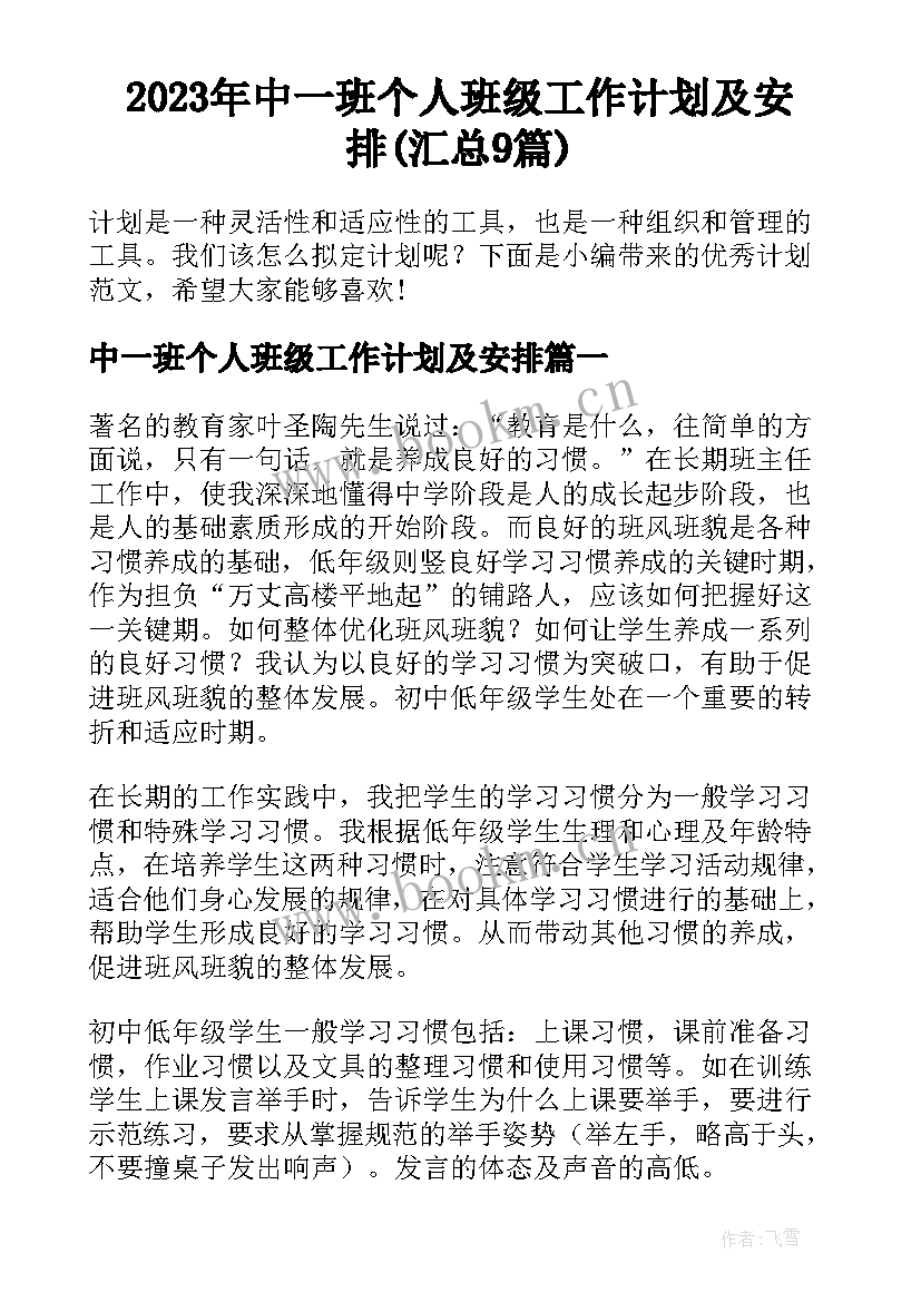 2023年中一班个人班级工作计划及安排(汇总9篇)