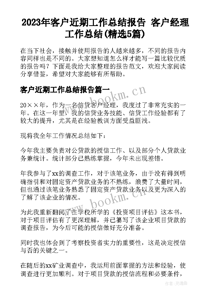 2023年客户近期工作总结报告 客户经理工作总结(精选5篇)