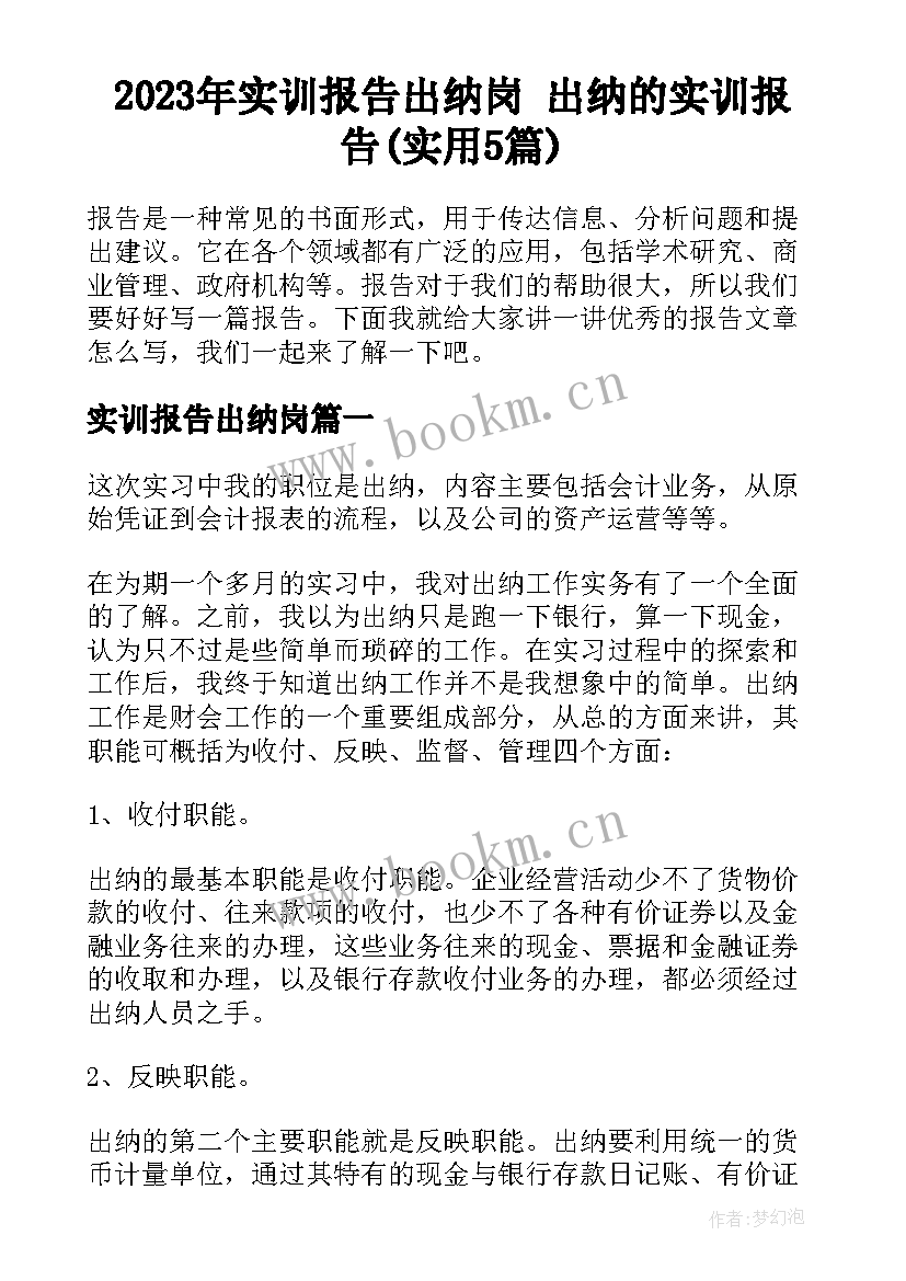 2023年实训报告出纳岗 出纳的实训报告(实用5篇)