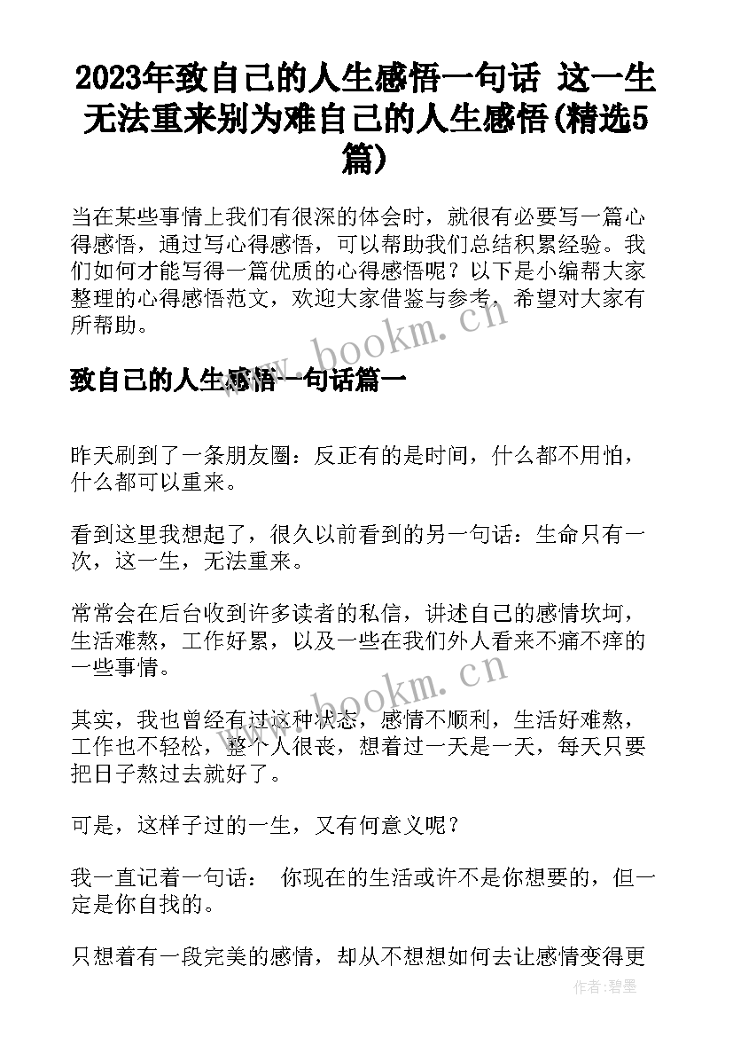 2023年致自己的人生感悟一句话 这一生无法重来别为难自己的人生感悟(精选5篇)