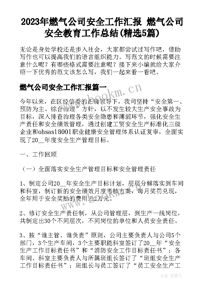 2023年燃气公司安全工作汇报 燃气公司安全教育工作总结(精选5篇)