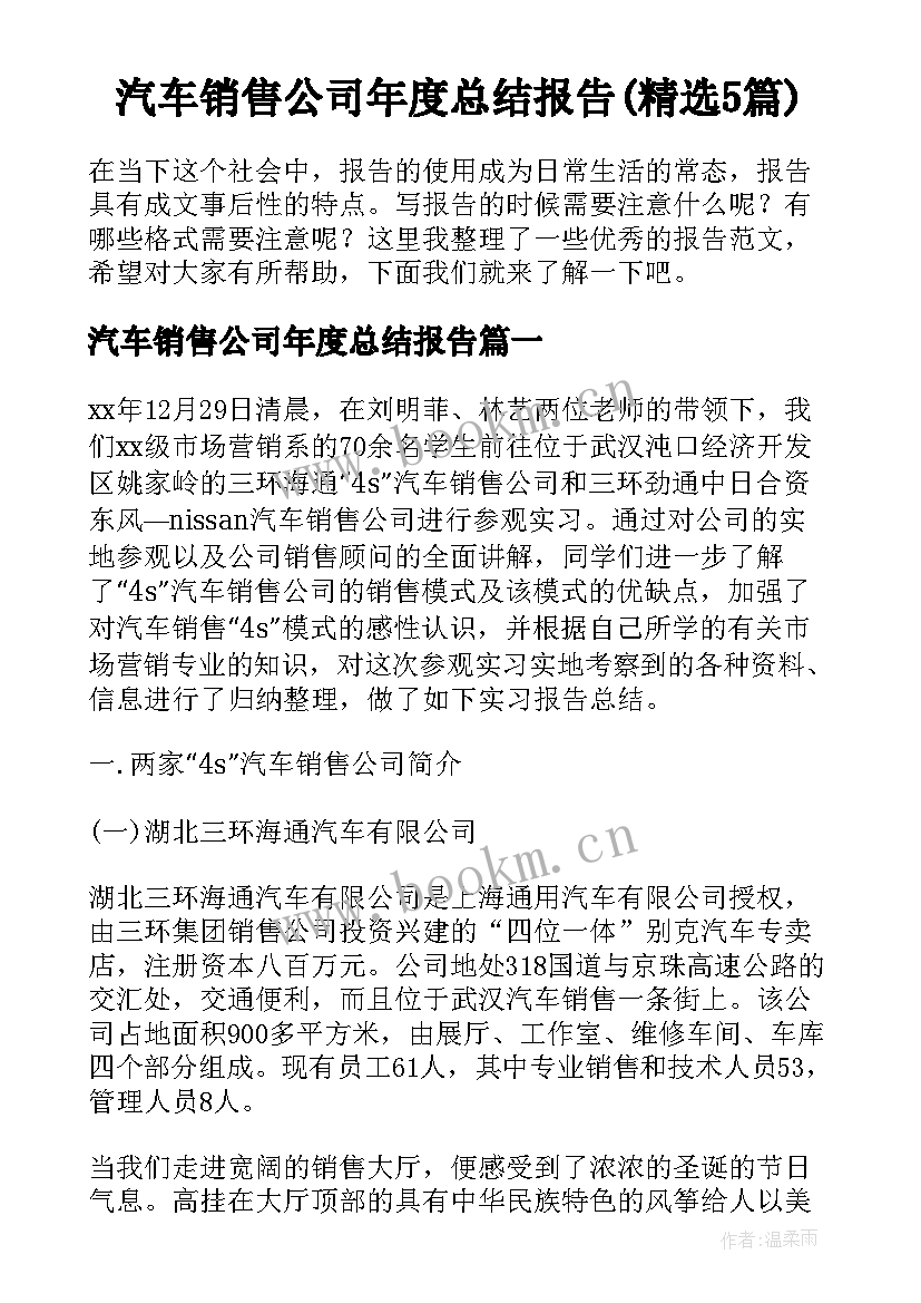 汽车销售公司年度总结报告(精选5篇)