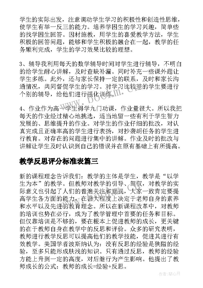 教学反思评分标准表(精选5篇)