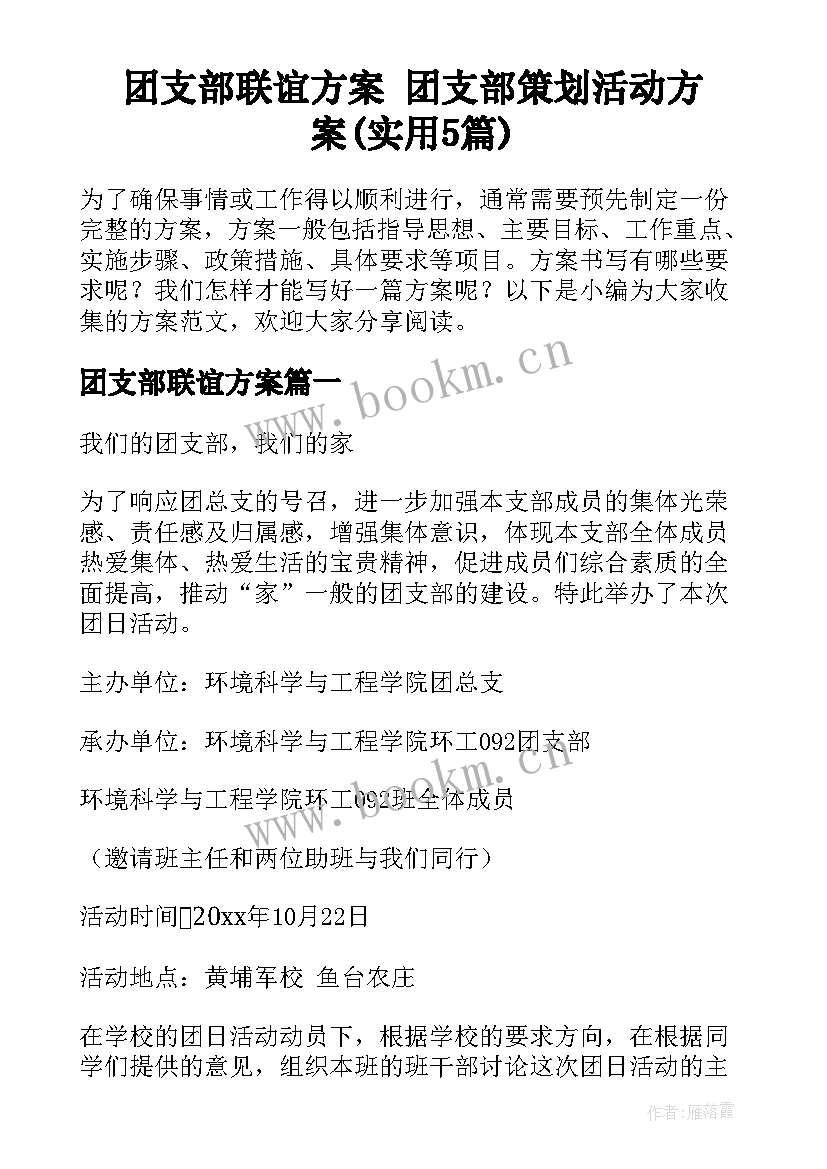 团支部联谊方案 团支部策划活动方案(实用5篇)