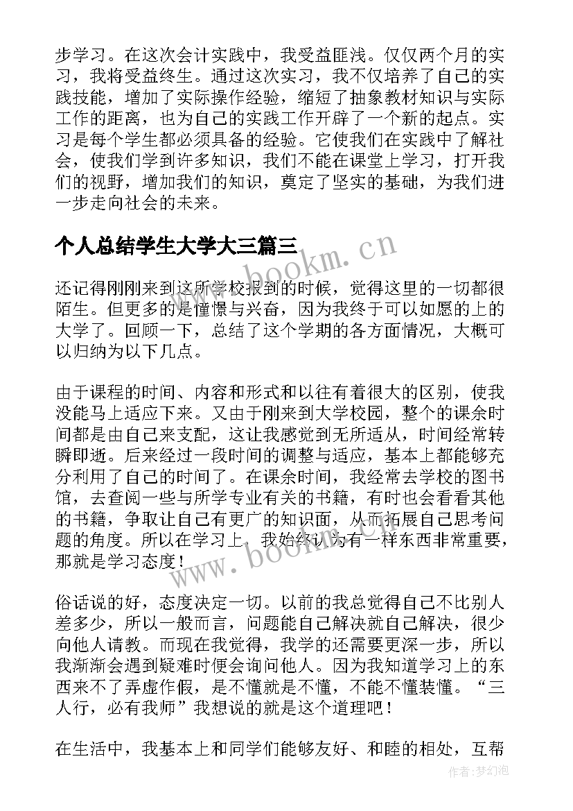 2023年个人总结学生大学大三 学生个人总结(模板5篇)