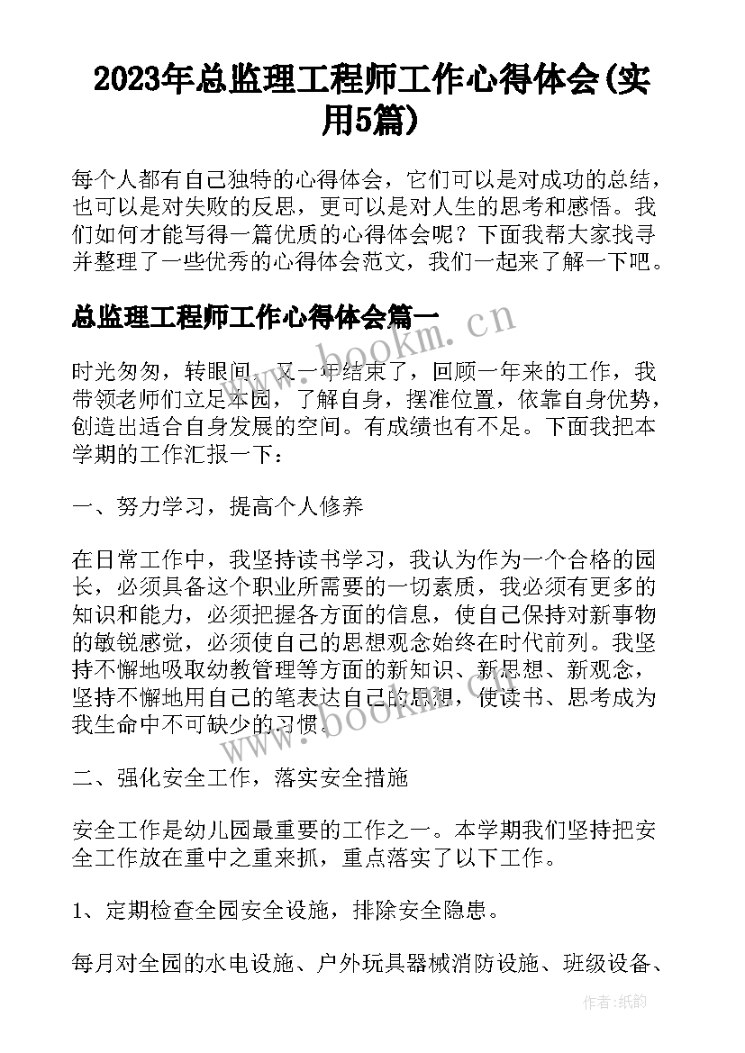 2023年总监理工程师工作心得体会(实用5篇)