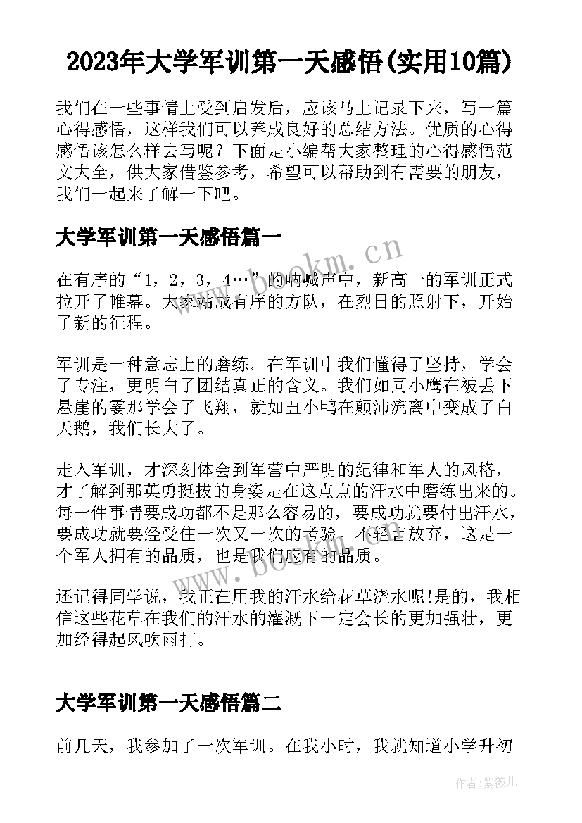 2023年大学军训第一天感悟(实用10篇)