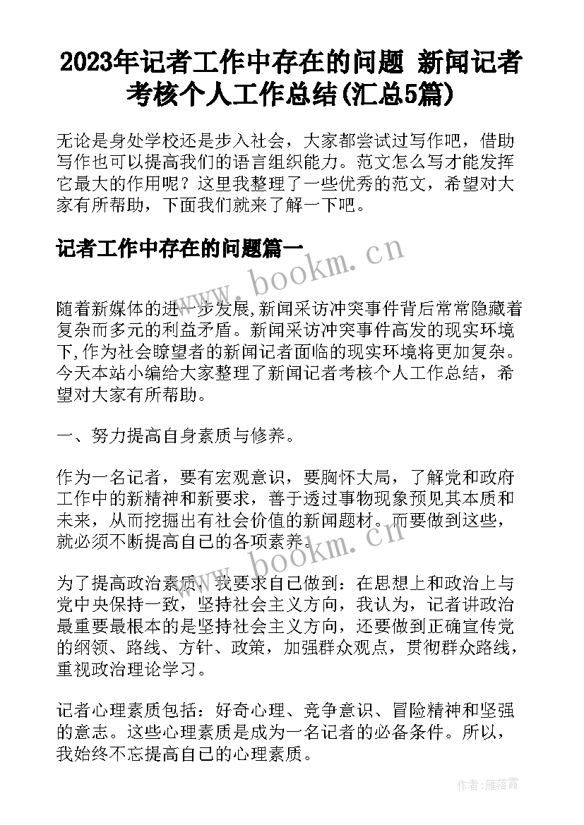 2023年记者工作中存在的问题 新闻记者考核个人工作总结(汇总5篇)