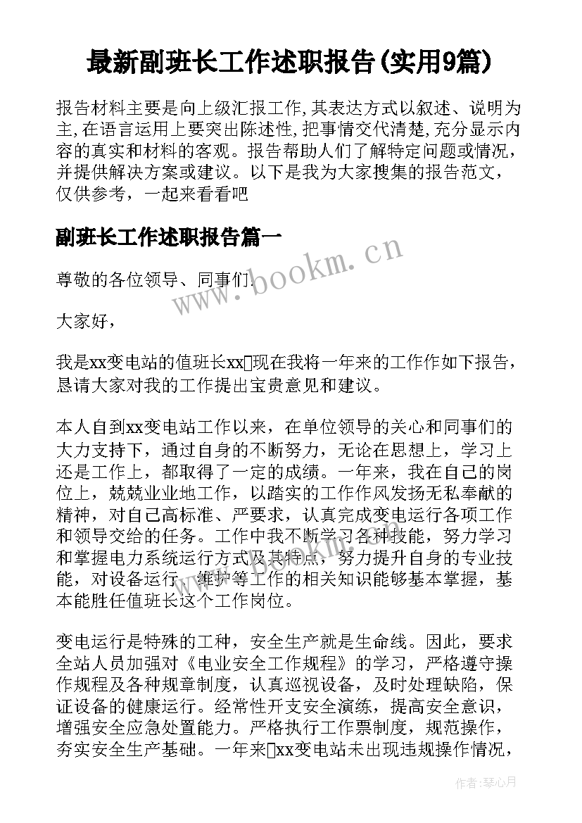 最新副班长工作述职报告(实用9篇)