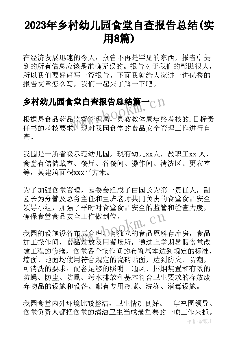 2023年乡村幼儿园食堂自查报告总结(实用8篇)