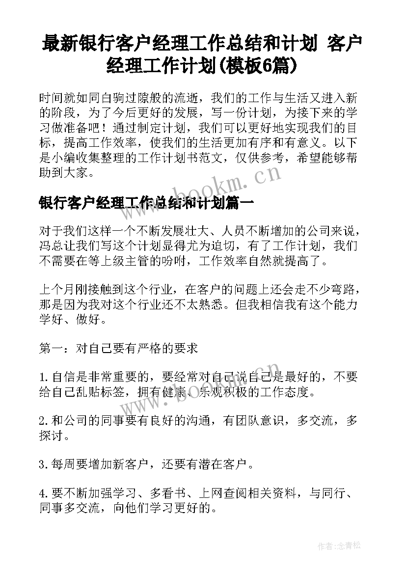 最新银行客户经理工作总结和计划 客户经理工作计划(模板6篇)