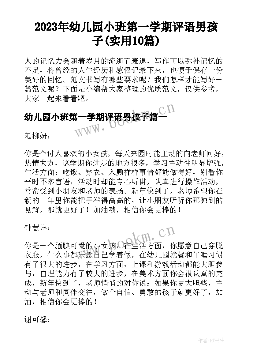 2023年幼儿园小班第一学期评语男孩子(实用10篇)