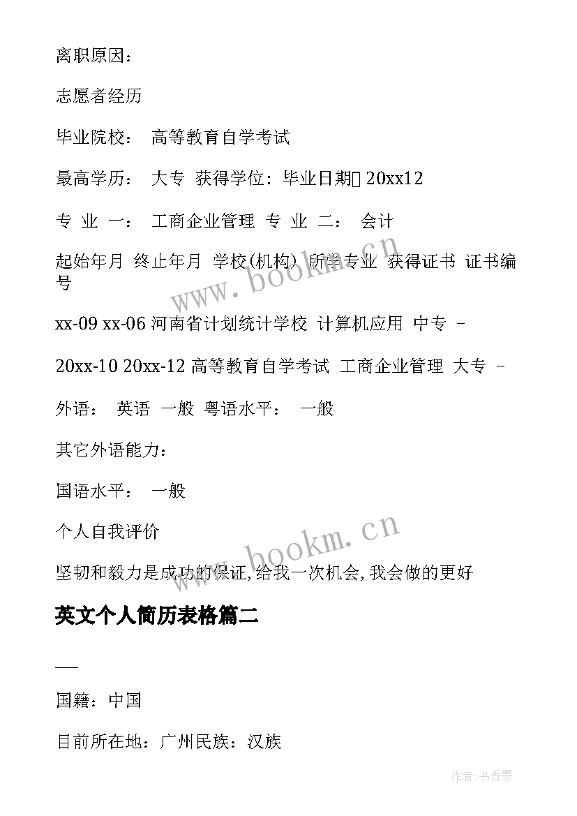 2023年英文个人简历表格 个人简历格式(精选5篇)