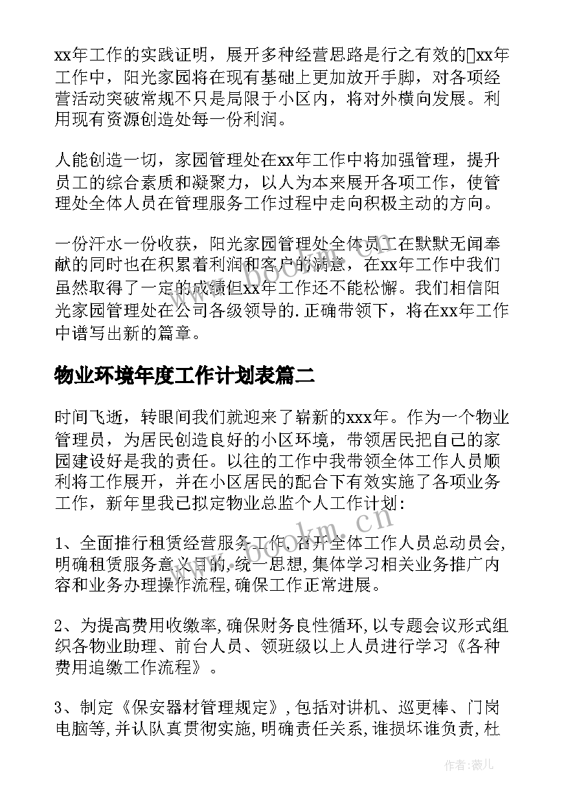 物业环境年度工作计划表 物业年度工作计划(汇总12篇)