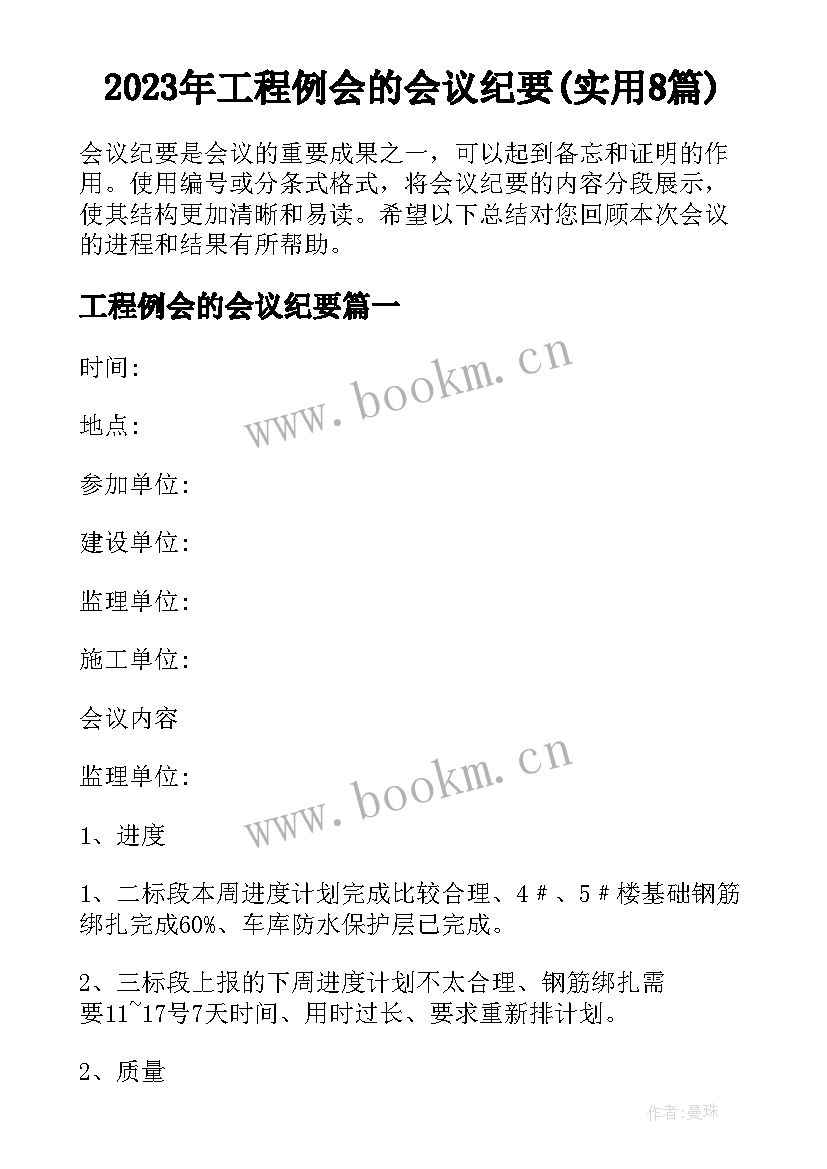 2023年工程例会的会议纪要(实用8篇)