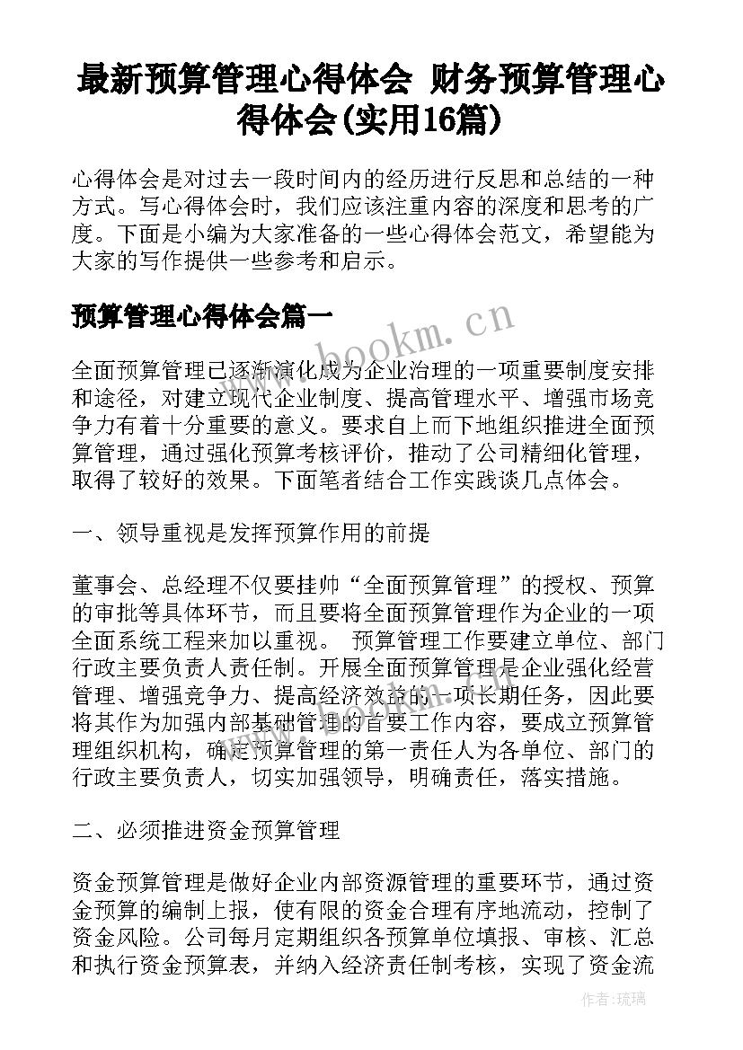 最新预算管理心得体会 财务预算管理心得体会(实用16篇)