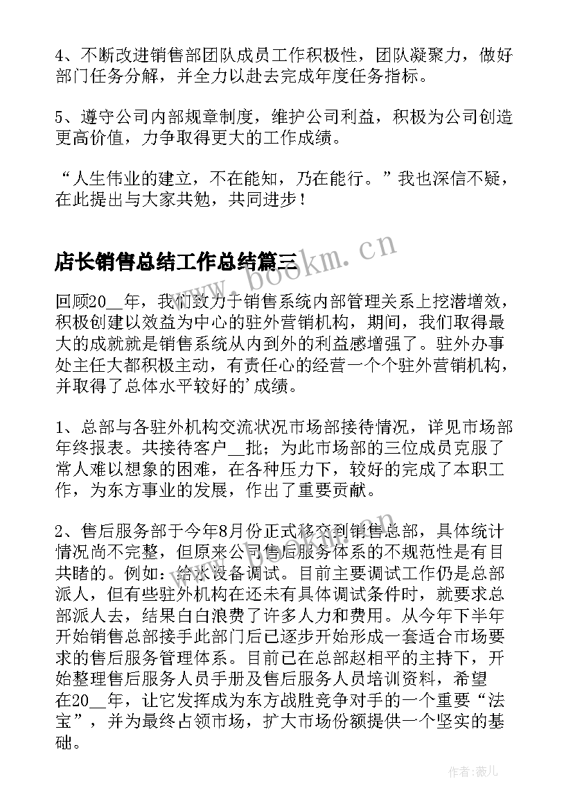 店长销售总结工作总结(模板5篇)