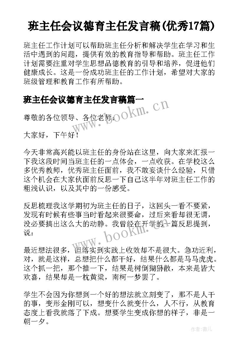 班主任会议德育主任发言稿(优秀17篇)