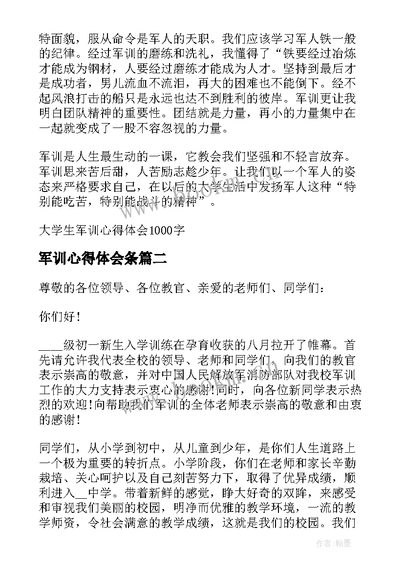 2023年军训心得体会条 大学生军训心得体会精彩(精选8篇)